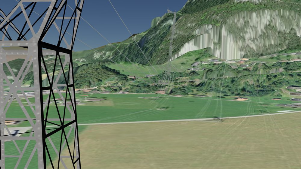 3D decision-support system showing high-voltage power lines in a virtual landscape